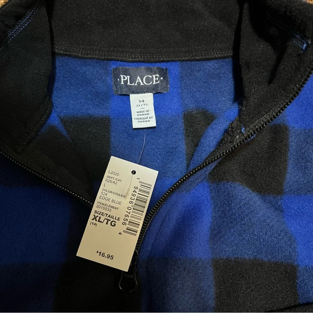 The Children's Place Blue and Black Buffalo Plaid Fleece Pullover